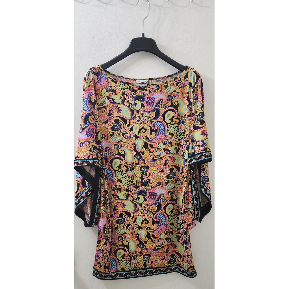 Trina Turk Paisley Print Tunic Top Split Flutter Sleeve Multi Color Size M